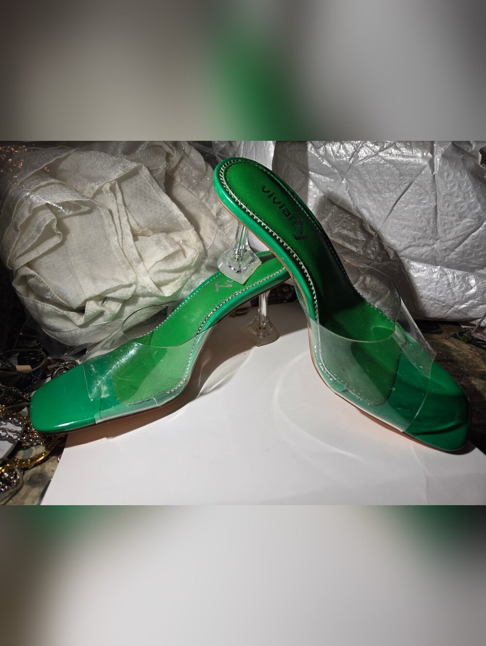 Vivianly Green Clear Lucite Heel Slide Sandals - Green